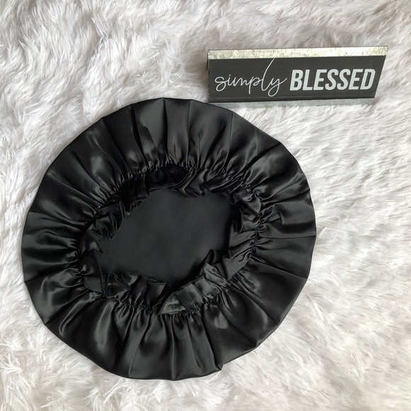 New Black Mulberry Silk Sleep Hair Cap Bonnet Cover for Adults Unisex - Picture 3 of 4